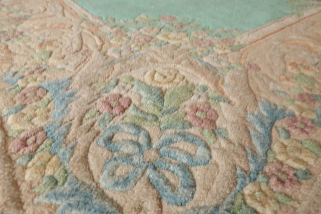Oversize Sea Foam, Green, Light Peach Color Hand Knotted Aubusson Savonnerie Wool Traditional Oriental Rug
