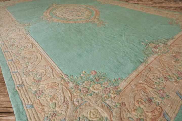 Oversize Sea Foam, Green, Light Peach Color Hand Knotted Aubusson Savonnerie Wool Traditional Oriental Rug
