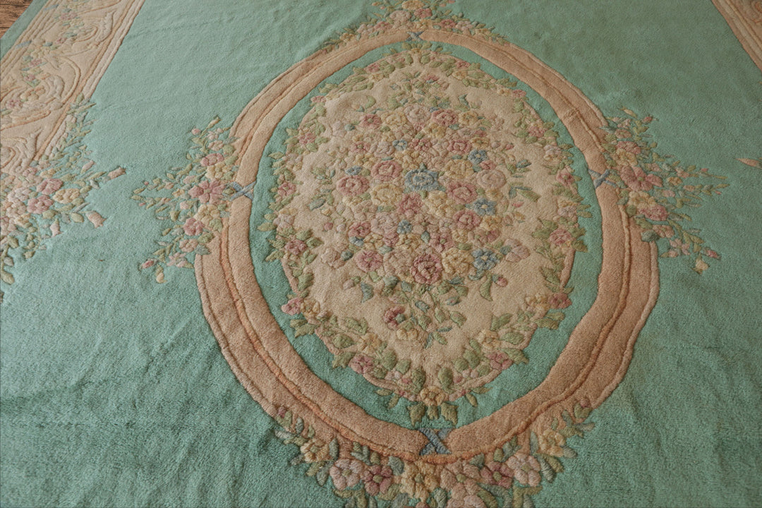 Oversize Sea Foam, Green, Light Peach Color Hand Knotted Aubusson Savonnerie Wool Traditional Oriental Rug