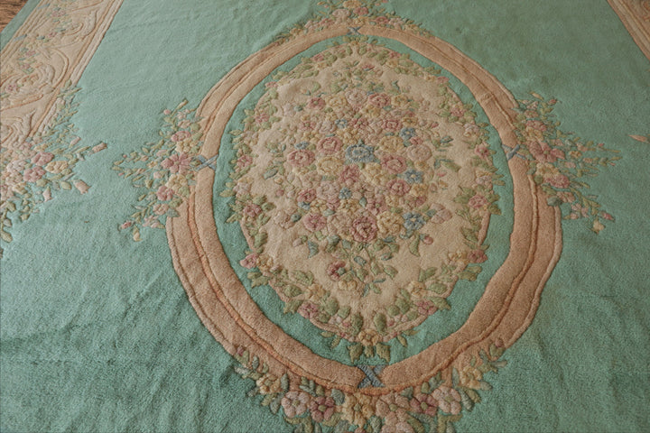 Oversize Sea Foam, Green, Light Peach Color Hand Knotted Aubusson Savonnerie Wool Traditional Oriental Rug