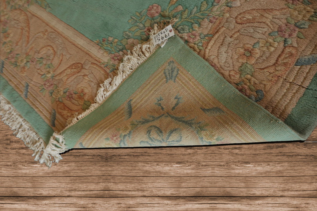 Oversize Sea Foam, Green, Light Peach Color Hand Knotted Aubusson Savonnerie Wool Traditional Oriental Rug