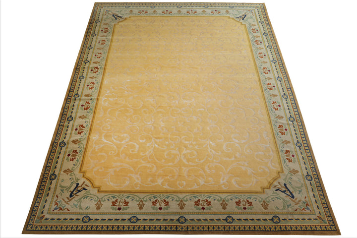 Oversize Light Gold, Mint, Navy Color Hand Knotted Tibetan? Wool and Silk Traditional Oriental Rug