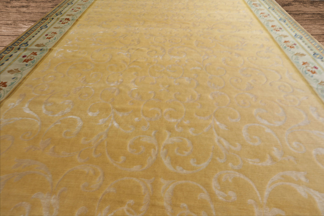 Oversize Light Gold, Mint, Navy Color Hand Knotted Tibetan? Wool and Silk Traditional Oriental Rug