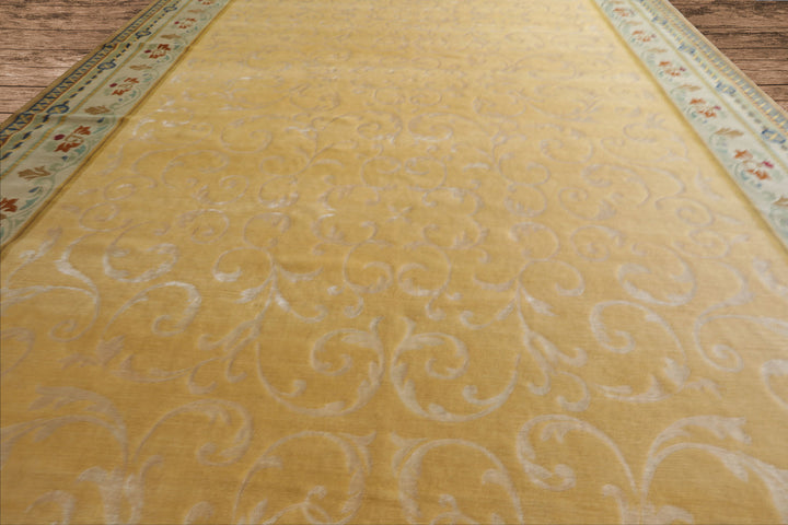 Oversize Light Gold, Mint, Navy Color Hand Knotted Tibetan? Wool and Silk Traditional Oriental Rug