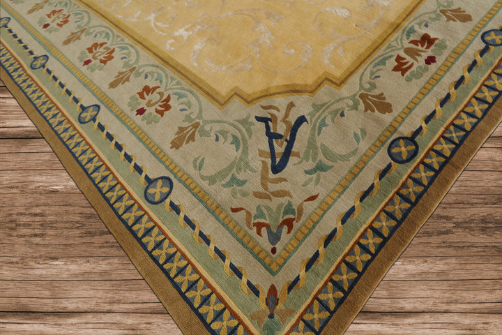 Oversize Light Gold, Mint, Navy Color Hand Knotted Tibetan? Wool and Silk Traditional Oriental Rug