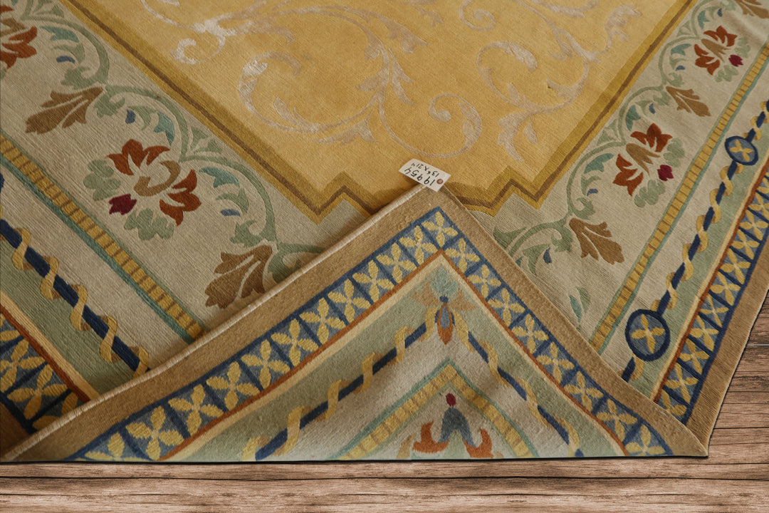 Oversize Light Gold, Mint, Navy Color Hand Knotted Tibetan? Wool and Silk Traditional Oriental Rug