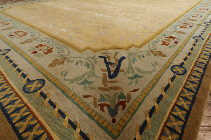 Oversize Light Gold, Mint, Navy Color Hand Knotted Tibetan? Wool and Silk Traditional Oriental Rug