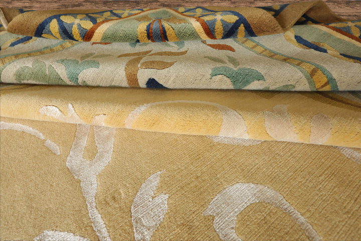 Oversize Light Gold, Mint, Navy Color Hand Knotted Tibetan? Wool and Silk Traditional Oriental Rug