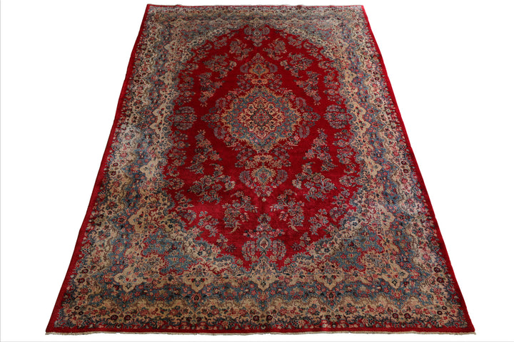 12x18 Red, Aqua, Ivory Color Hand Knotted Kerman Wool Traditional Oriental Rug