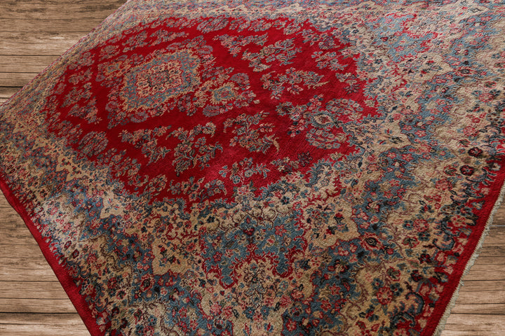 12x18 Red, Aqua, Ivory Color Hand Knotted Kerman Wool Traditional Oriental Rug