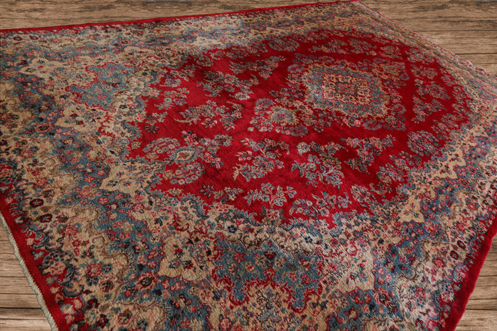 12x18 Red, Aqua, Ivory Color Hand Knotted Kerman Wool Traditional Oriental Rug