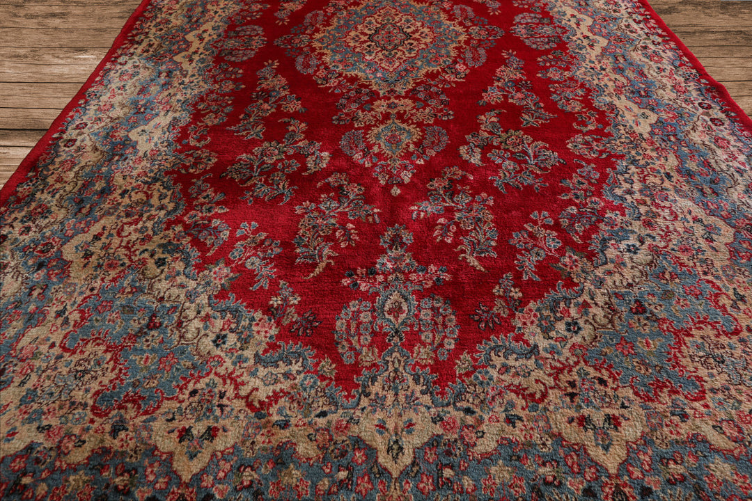 12x18 Red, Aqua, Ivory Color Hand Knotted Kerman Wool Traditional Oriental Rug