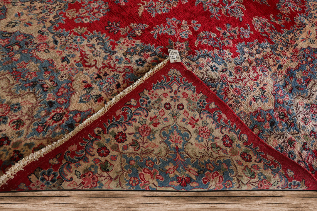 12x18 Red, Aqua, Ivory Color Hand Knotted Kerman Wool Traditional Oriental Rug