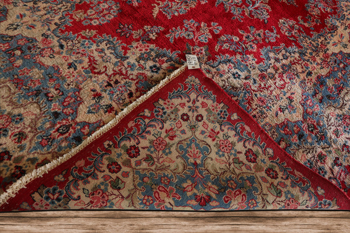 12x18 Red, Aqua, Ivory Color Hand Knotted Kerman Wool Traditional Oriental Rug