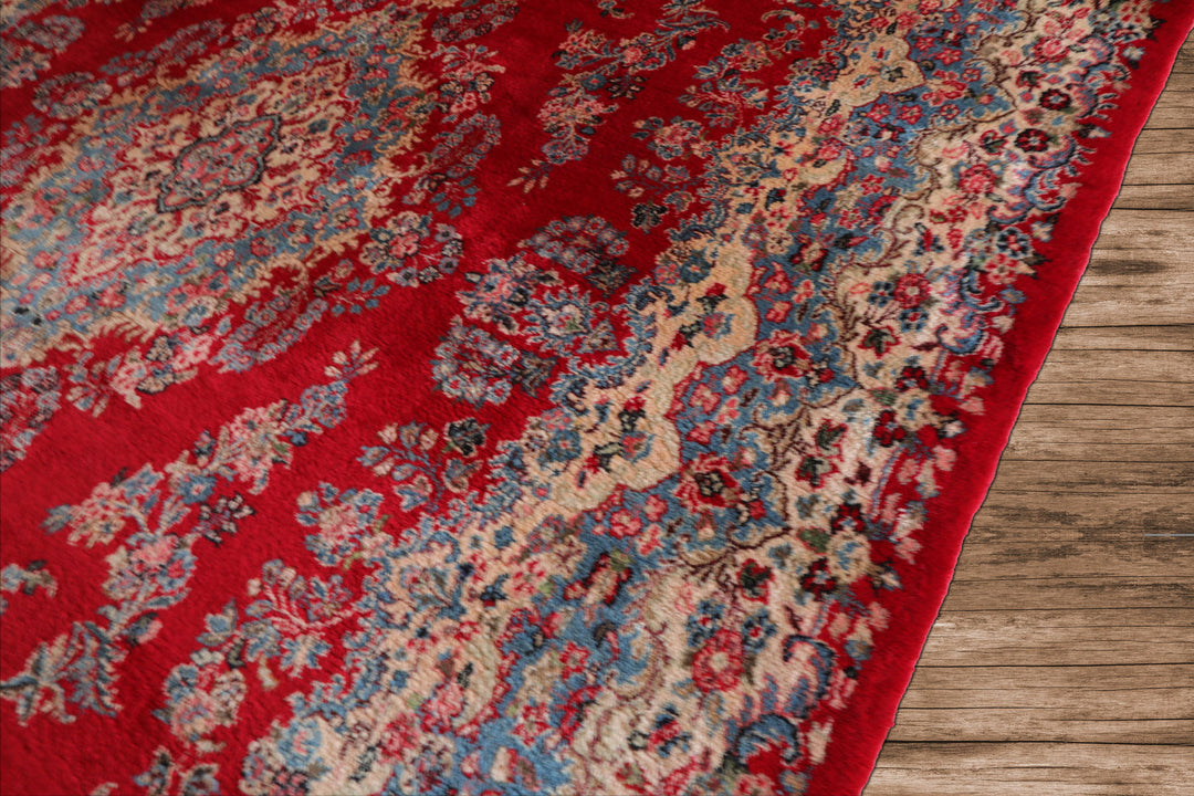 12x18 Red, Aqua, Ivory Color Hand Knotted Kerman Wool Traditional Oriental Rug