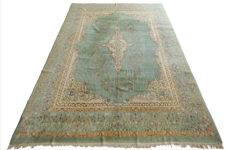 12x15 Sea Foam, Ivory, Brown Color Hand Knotted Kerman Silk Traditional Oriental Rug