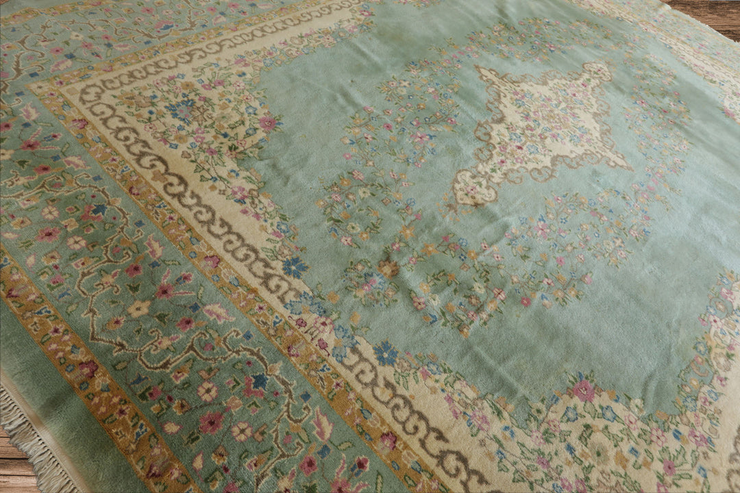 12x15 Sea Foam, Ivory, Brown Color Hand Knotted Kerman Silk Traditional Oriental Rug