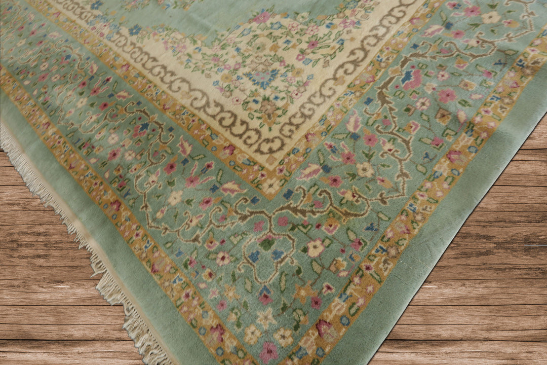 12x15 Sea Foam, Ivory, Brown Color Hand Knotted Kerman Silk Traditional Oriental Rug