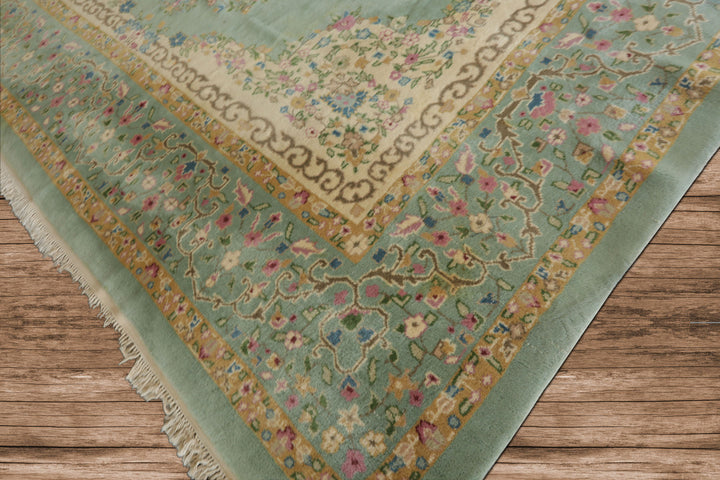 12x15 Sea Foam, Ivory, Brown Color Hand Knotted Kerman Silk Traditional Oriental Rug