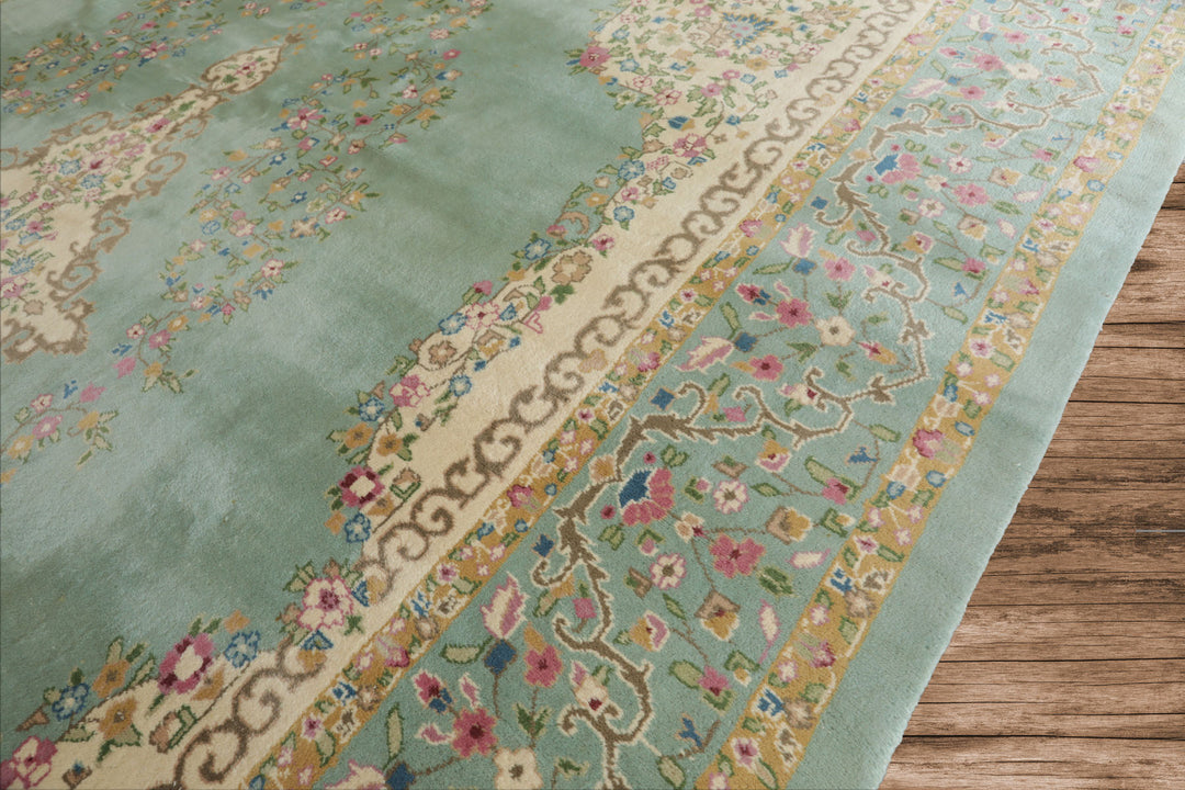 12x15 Sea Foam, Ivory, Brown Color Hand Knotted Kerman Silk Traditional Oriental Rug