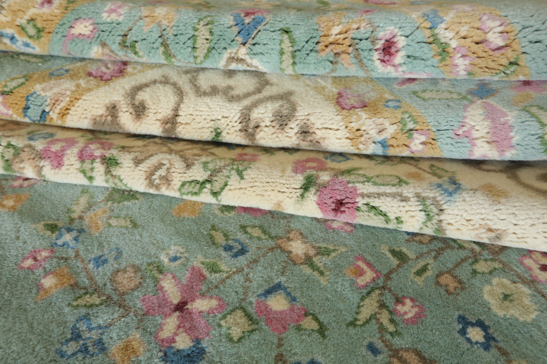 12x15 Sea Foam, Ivory, Brown Color Hand Knotted Kerman Silk Traditional Oriental Rug