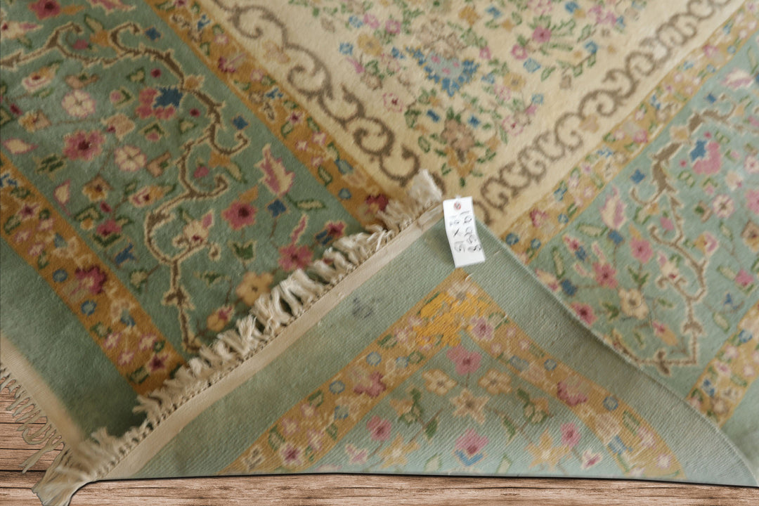 12x15 Sea Foam, Ivory, Brown Color Hand Knotted Kerman Silk Traditional Oriental Rug