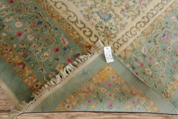 12x15 Sea Foam, Ivory, Brown Color Hand Knotted Kerman Silk Traditional Oriental Rug