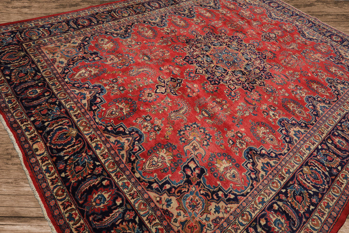 9x12 Coral, Navy, Ivory Color Hand Knotted Kashan Wool Traditional Oriental Rug