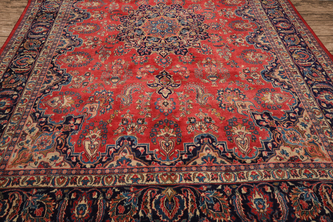 9x12 Coral, Navy, Ivory Color Hand Knotted Kashan Wool Traditional Oriental Rug