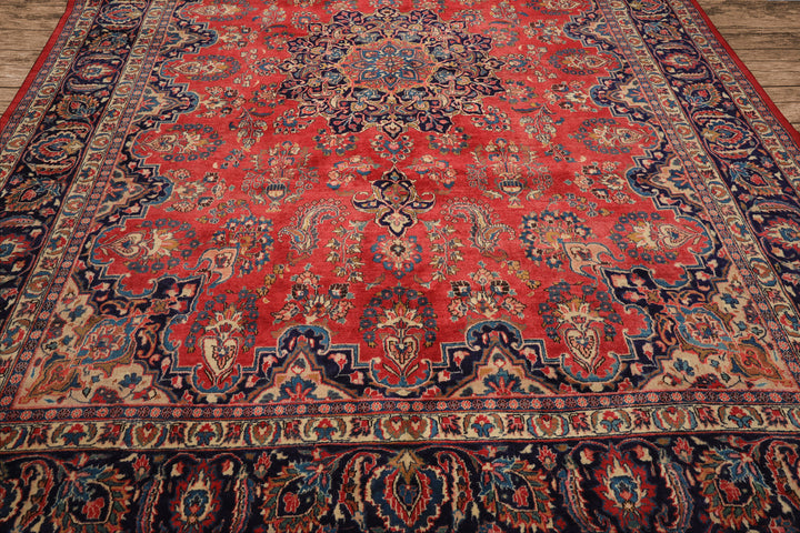 9x12 Coral, Navy, Ivory Color Hand Knotted Kashan Wool Traditional Oriental Rug