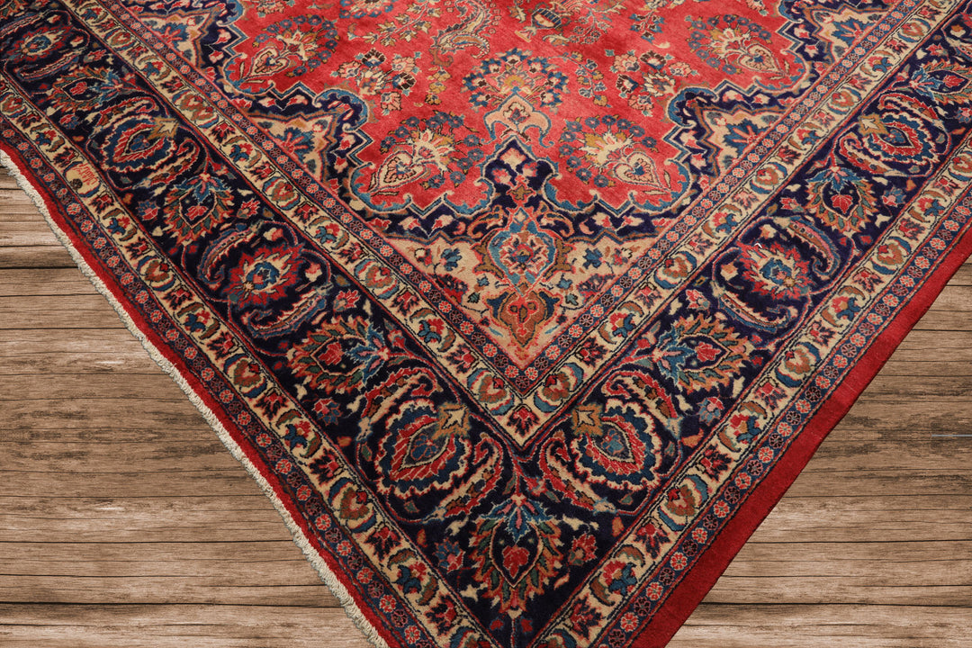 9x12 Coral, Navy, Ivory Color Hand Knotted Kashan Wool Traditional Oriental Rug