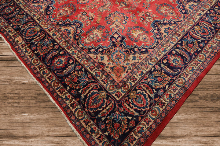 9x12 Coral, Navy, Ivory Color Hand Knotted Kashan Wool Traditional Oriental Rug