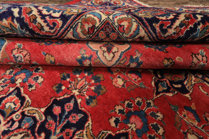 9x12 Coral, Navy, Ivory Color Hand Knotted Kashan Wool Traditional Oriental Rug