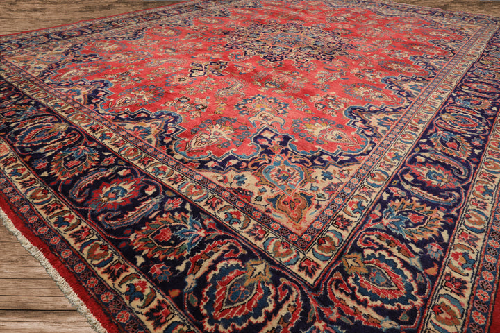 9x12 Coral, Navy, Ivory Color Hand Knotted Kashan Wool Traditional Oriental Rug