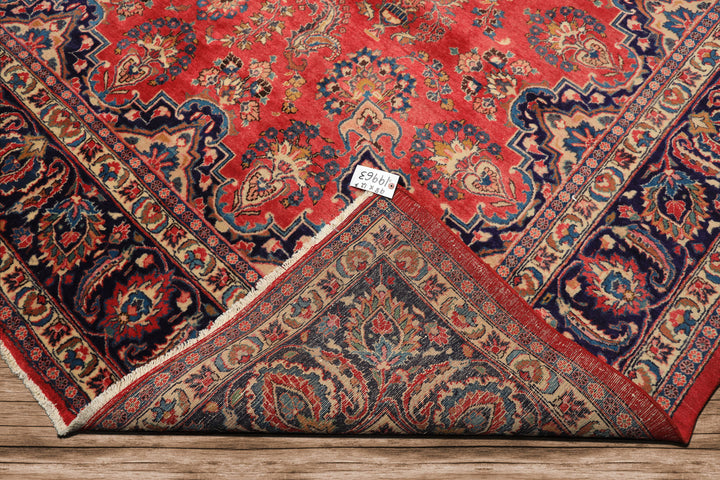 9x12 Coral, Navy, Ivory Color Hand Knotted Kashan Wool Traditional Oriental Rug