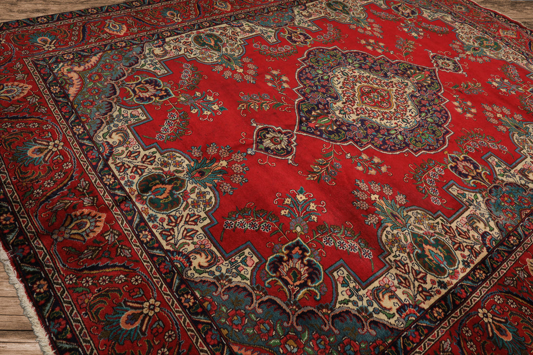 9x12 Red, Ivory, Aqua Color Hand Knotted Tabriz Wool Traditional Oriental Rug
