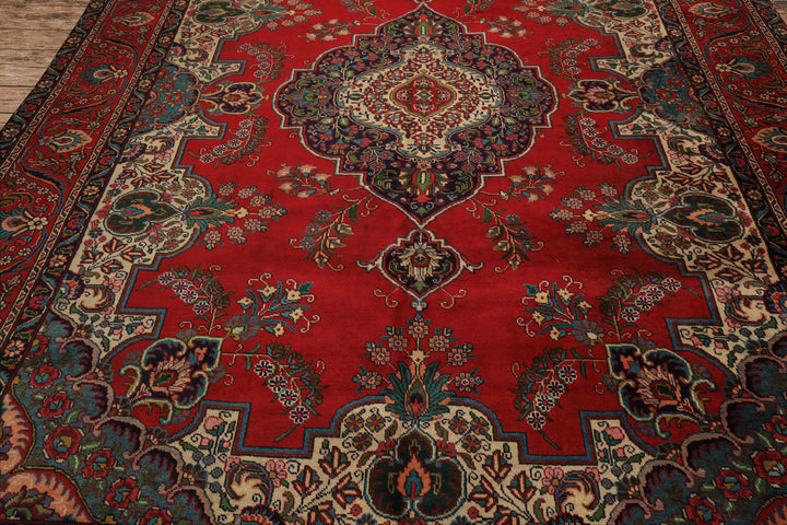 9x12 Red, Ivory, Aqua Color Hand Knotted Tabriz Wool Traditional Oriental Rug