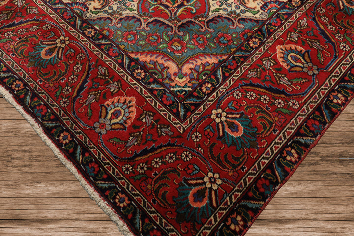 9x12 Red, Ivory, Aqua Color Hand Knotted Tabriz Wool Traditional Oriental Rug