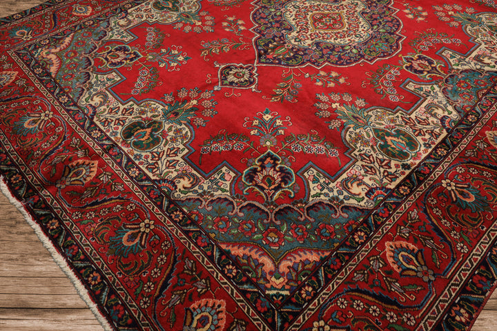 9x12 Red, Ivory, Aqua Color Hand Knotted Tabriz Wool Traditional Oriental Rug