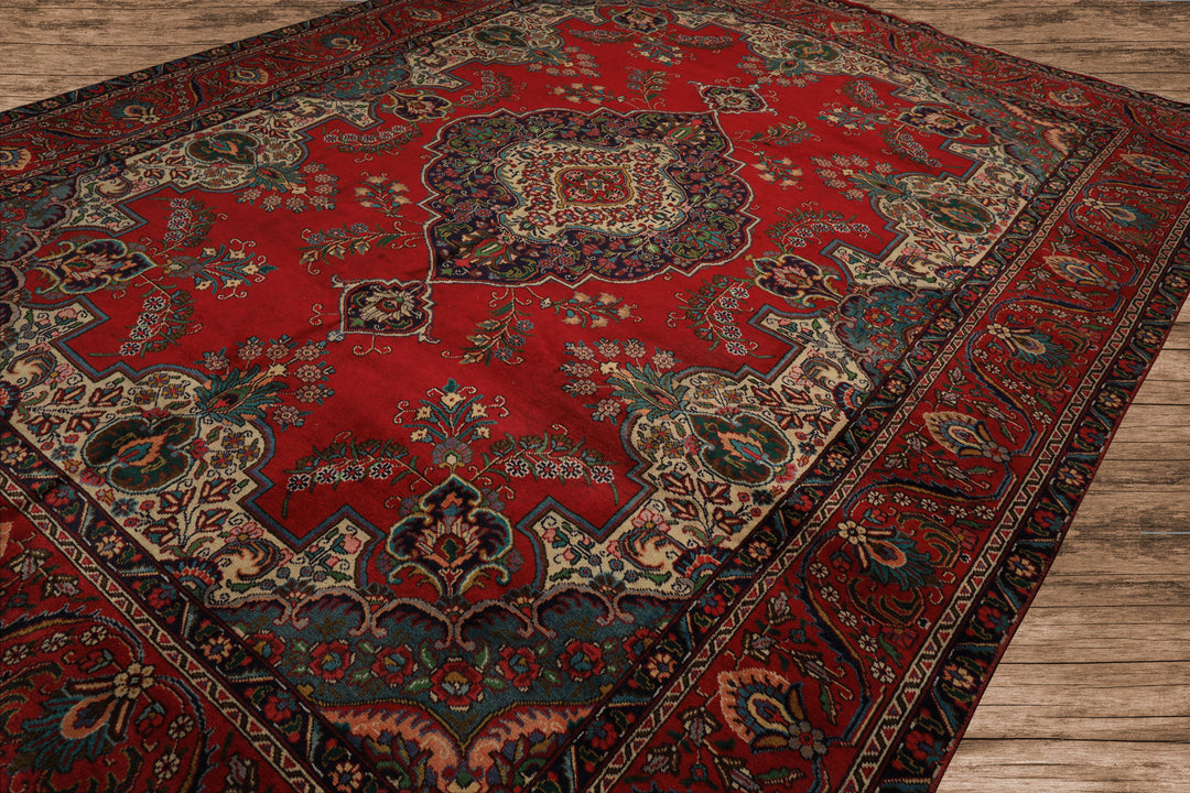 9x12 Red, Ivory, Aqua Color Hand Knotted Tabriz Wool Traditional Oriental Rug