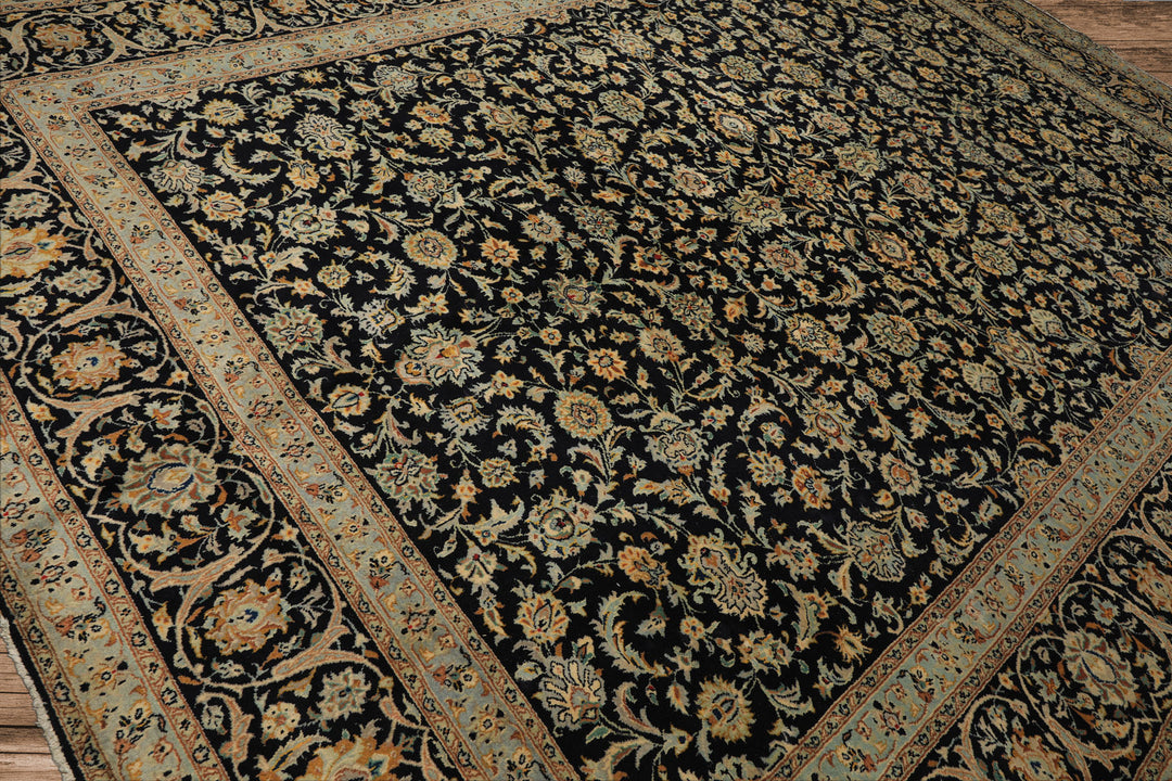 10x14 Black, Ivory, Mint Color Hand Knotted Kashan Wool Traditional Oriental Rug