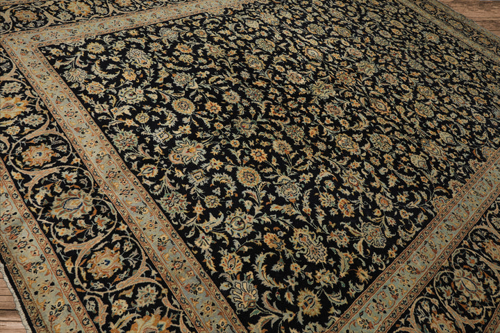 10x14 Black, Ivory, Mint Color Hand Knotted Kashan Wool Traditional Oriental Rug