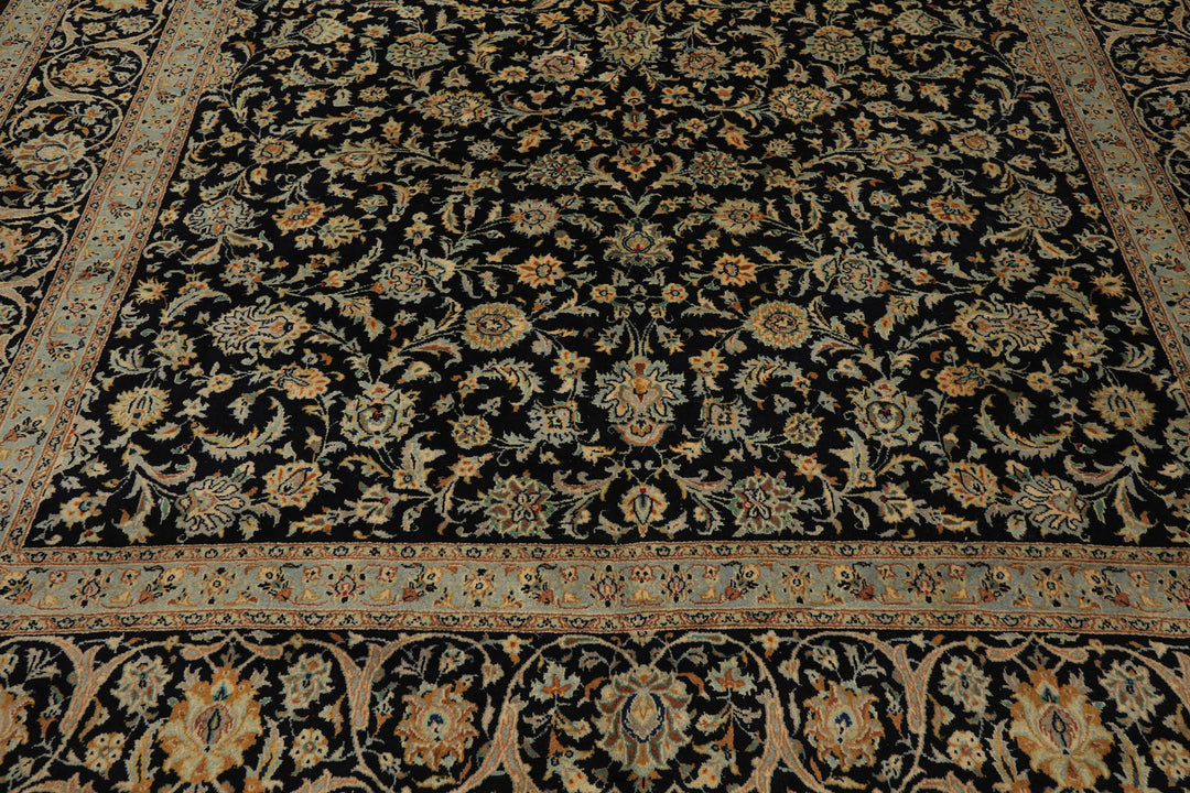 10x14 Black, Ivory, Mint Color Hand Knotted Kashan Wool Traditional Oriental Rug
