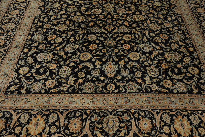 10x14 Black, Ivory, Mint Color Hand Knotted Kashan Wool Traditional Oriental Rug