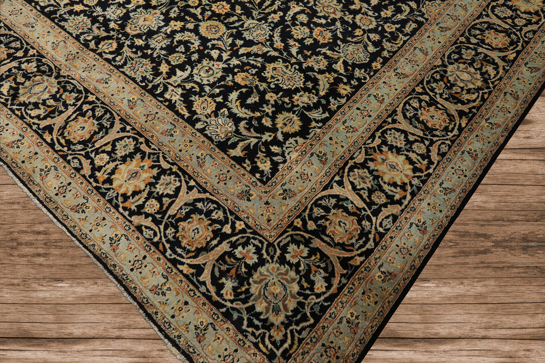 10x14 Black, Ivory, Mint Color Hand Knotted Kashan Wool Traditional Oriental Rug