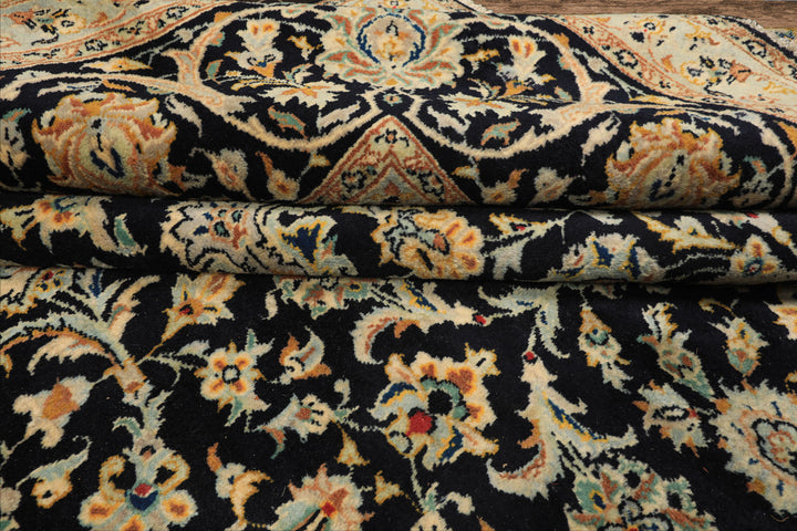 10x14 Black, Ivory, Mint Color Hand Knotted Kashan Wool Traditional Oriental Rug