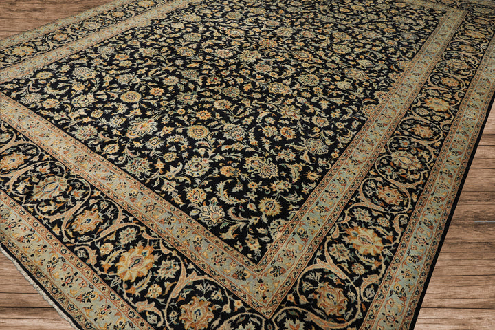 10x14 Black, Ivory, Mint Color Hand Knotted Kashan Wool Traditional Oriental Rug