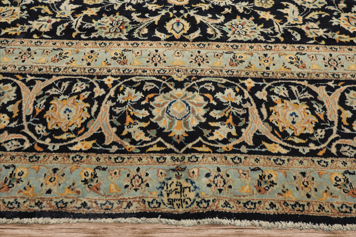 10x14 Black, Ivory, Mint Color Hand Knotted Kashan Wool Traditional Oriental Rug