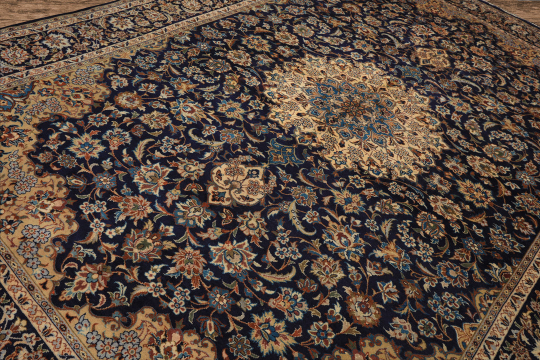 9x13 Navy, Ivory, Beige Color Hand Knotted Kashan Wool Traditional Oriental Rug