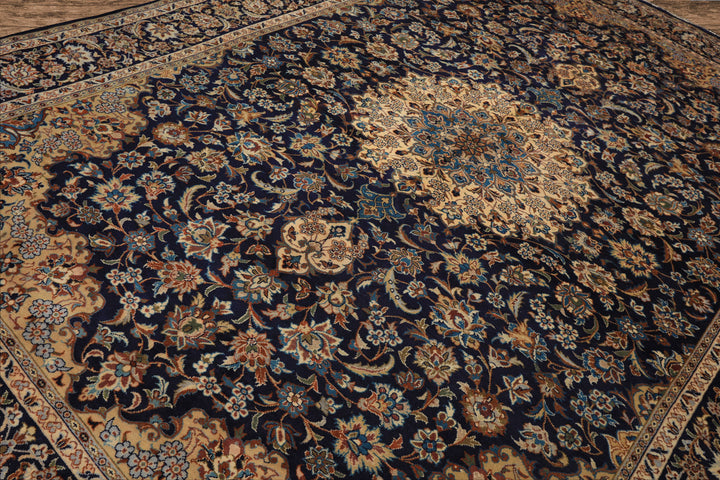 9x13 Navy, Ivory, Beige Color Hand Knotted Kashan Wool Traditional Oriental Rug